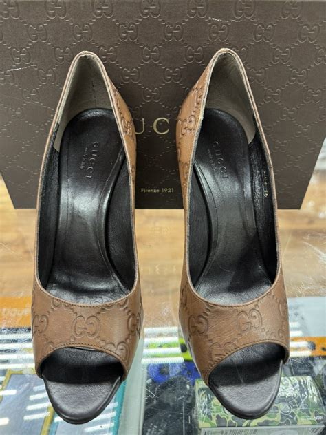 gucci gg peep toe heels|GUCCI Guccissima Soft GG Peep Toe Heels 37.5 Chocolate .